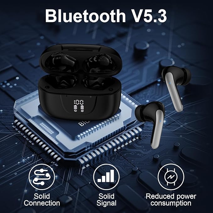 Wireless Earbuds Bluetooth 5.3 Headphones,Noise Cancelling EarBuds with Deep Bass 60H Playback Stereo Ear Buds with Mic LED Display Charging Case IPX7 Waterproof in Ear Earphone for Phone Laptop Sport