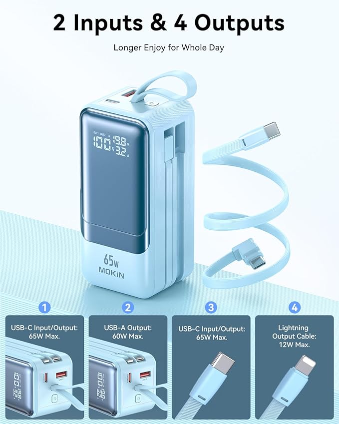 Portable Charger, 65W Power Bank Fast Charging, USB C Battery Pack with Built in Cable, 4 Outputs Powerbank, Travel Essentials Compatible with iPhone 17 16 15 14 13 iPad MacBook Pro Samsung Dell XPS