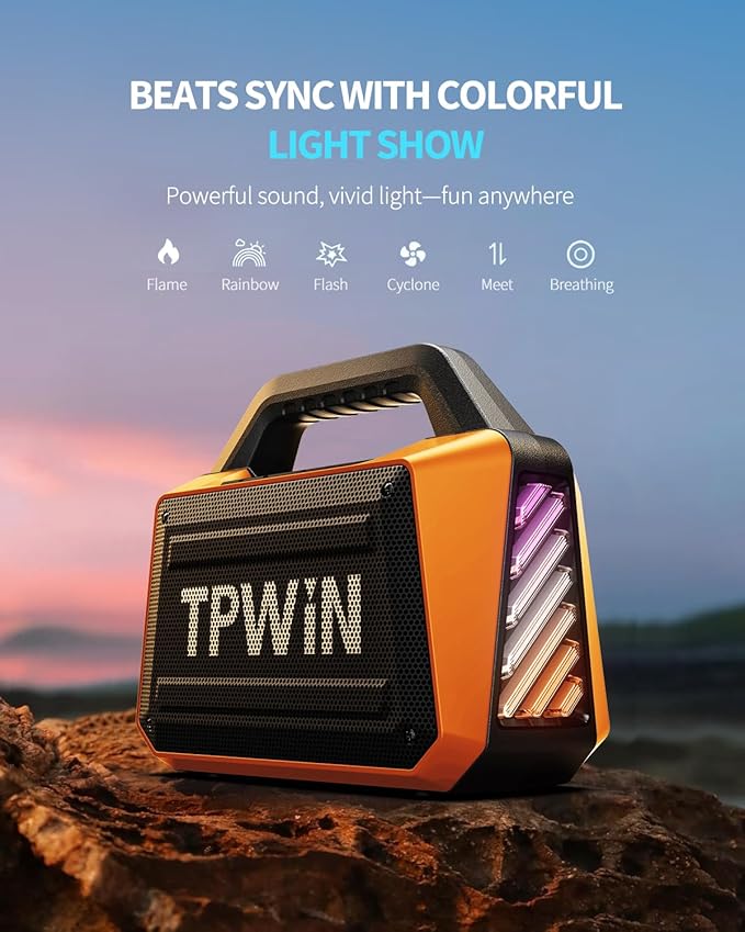 Bluetooth Speaker - 80W Loud, Rugged Outdoor Speakers, IPX6 Waterproof, 20H Playtime, Deep Bass, Lightshow, TWS, BT 5.3 Wireless, Portable for Travel Hiking Camping Beach Pool - Orange