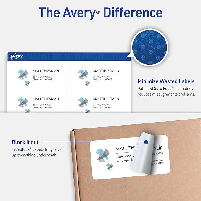 Avery Printable Shipping Labels with Sure Feed, 2" x 4" Customizable Stickers, White, 2,500 Blank Mailing Labels, Great for Mailing, Shipping, and More (5963)