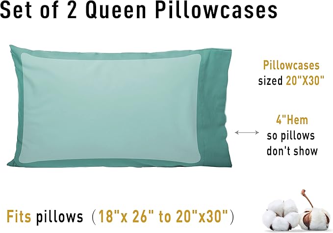 Sunflower Queen Pillowcases Set of 2, 100% Cotton Queen Pillow Cases 2, 20×30 inches Lagoon, Soft and Breathable