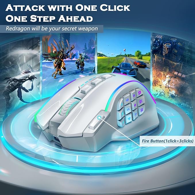 Redragon Wireless Gaming Mouse, MMO Gaming Mouse UP 16,000 DPI, 16 Macro Programmable Buttons, RGB Rechargeable Mouse with 12 Side Buttons, 70Hrs for PC Laptop MOBA FPS, White,M901P-WS