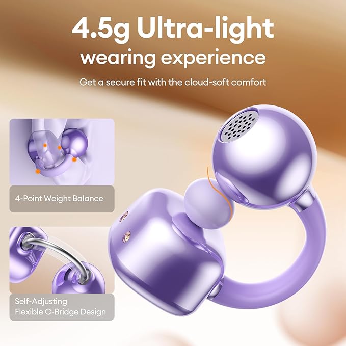 PAXA Clip On Earbuds, Clipbuds7 Open Ear Earbuds Wireless Bluetooth 5.4 with LED Display, Auto L-R Ear Recognition and Touch Control, Ultra-Light 4.5g Fit Comfort for Sports Fitness Daily Use, Purple