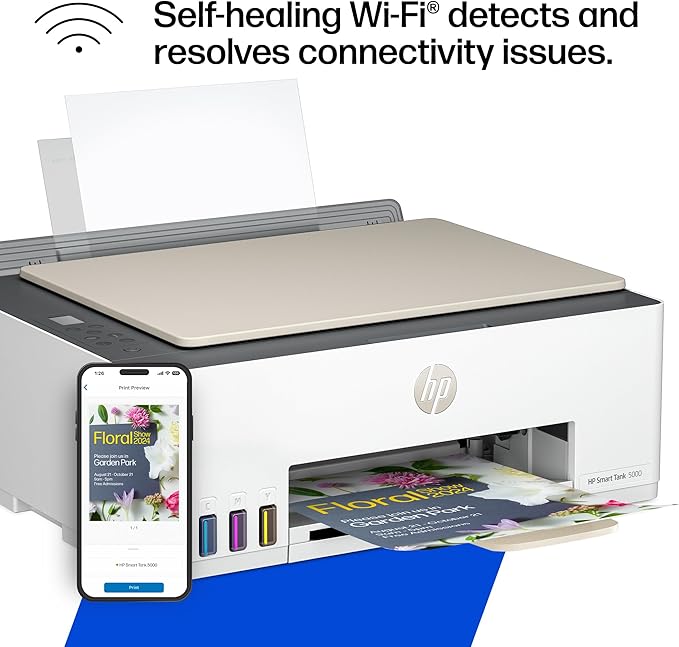 HP Smart Tank 5000 Wireless All-in-One Ink Tank Printer, Scanner, Copier with 2 years of ink included, Best-for-home, Refillable, AI-enabled (5D1B6A)