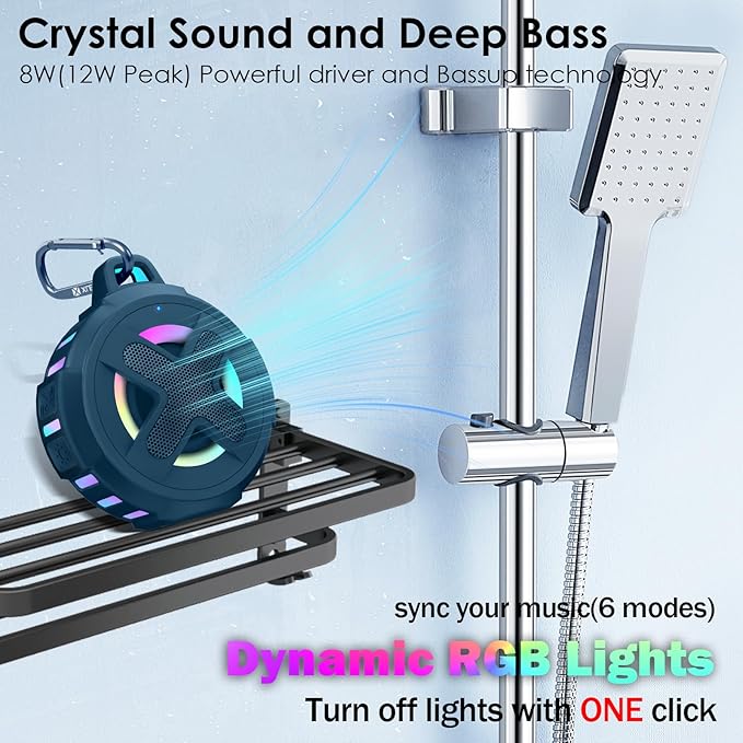 Upgraded, Bluetooth Speaker, Shower Speaker, Certified IP67 Waterproof, Silicone Case, 10W Pro Sound & Deep Bass, 24Hrs Playtime, Lights, Small Wireless, Portable Clip, for Beach Kayak Camping Gifts