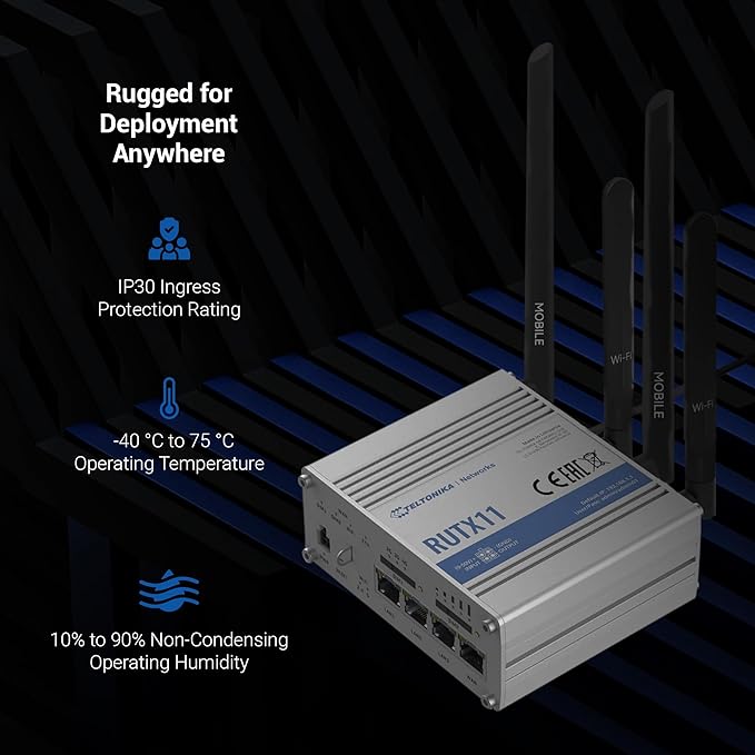 Teltonika RUTX11 Industrial Cellular WiFi Router Dual SIM Card Slot - 4G LTE CAT 6, Speeds Up to 300 Mbps - LAN, WiFi, & Bluetooth LE Connectivity - RMS Compatible, Auto Failover (TELRUTX11100400)