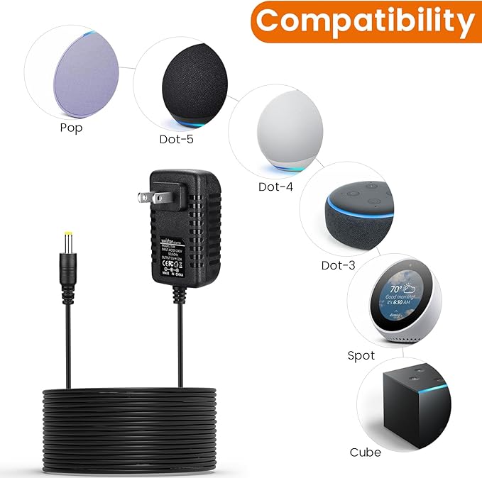 2-Pack 15W Power Cord Adapter Compatible with Echo Pop, Dot 5th, 4th, 3rd Gen, Kids Edition, Spot Smart Speakers - Black Wall Charger Plug Long Cable, 5ft