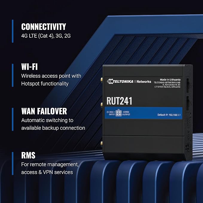 Teltonika RUT241 Industrial Cellular WiFi Sim Router - 4G LTE (Cat 4), 3G Connectivity - Wireless Access Point with Hotspot Functionality - RMS Compatible, Automatic WAN Failover (TELRUT241098000)