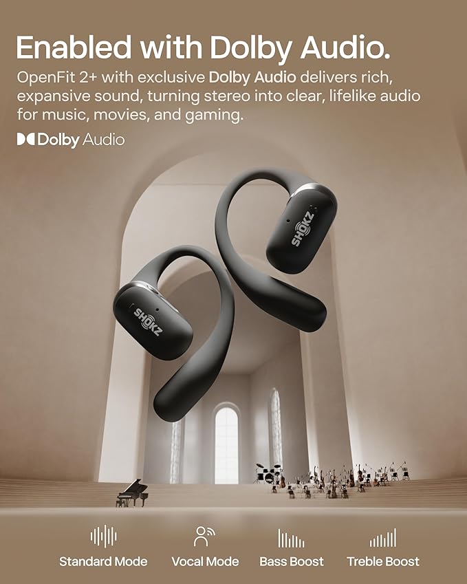 SHOKZ New OpenFit 2+ Open-Ear Headphones, Dolby Audio Enabled, Comfortable Earbuds with Soft Ear Hooks, 48H Playtime, IP55 Water-Resistant, USB-C Fast Charging, Wireless Charging, Carrying Bag, Black