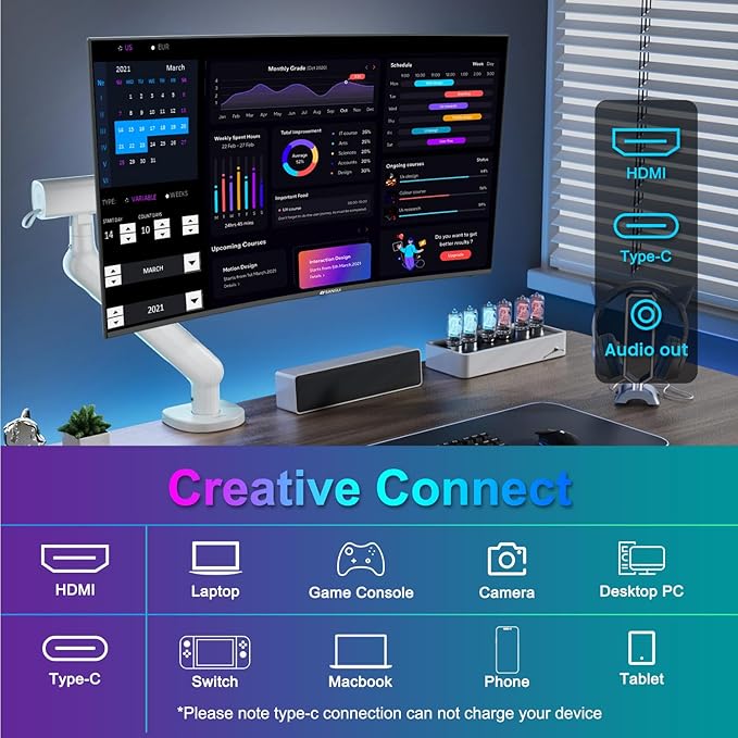 SANSUI Curved Monitor 24 inch 100Hz USB Type-C Computer Monitor with Built-in Speakers- MPRT 1ms,Adaptive Sync,HDR,1500R,VESA 75x75mm Compatible, for Home and Office(ES-24C1)