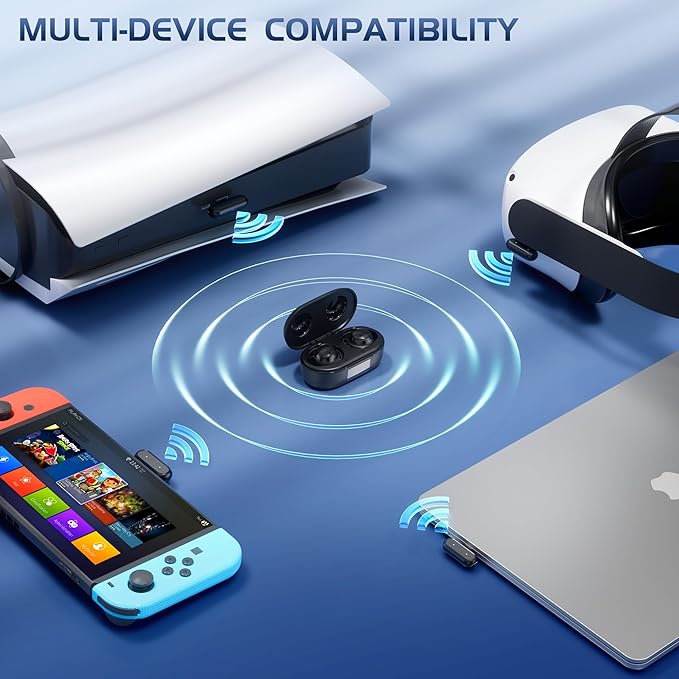 IAMJOY Wireless Gaming Earbuds, 20ms Low Latency, Game Earbuds with Mic, 2.4GHz & Bluetooth, Compact LED Display Wireless Earbuds Compatible with Meta Quest 3/2, PS5/4, Steam Deck, VR, Switch, PC