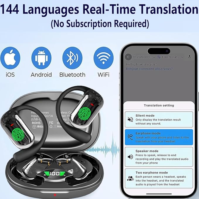Ai Translation Earbuds Real Time Translator Headphones Audifonos Traductores Inglés Español, Open Ear Translating Wireless Earphones Perfect for Travel, Business & Language Learning