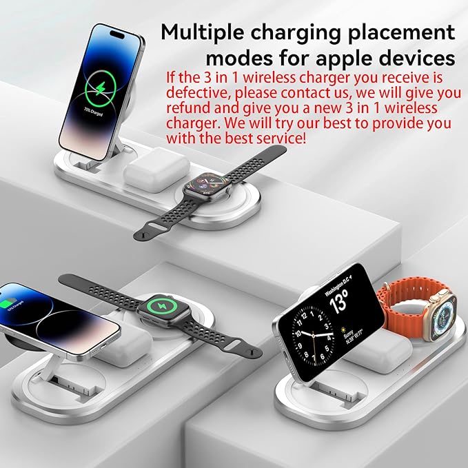 3 in 1 Fast Wireless Charger Stand for iPhone, Foldable Travel Charging Station for Magsafe for iPhone 17/Air/16/15/14/13/12 Series, Apple Watch Series, AirPods pro/2/3/4, Gifts for Women Men (Silver)