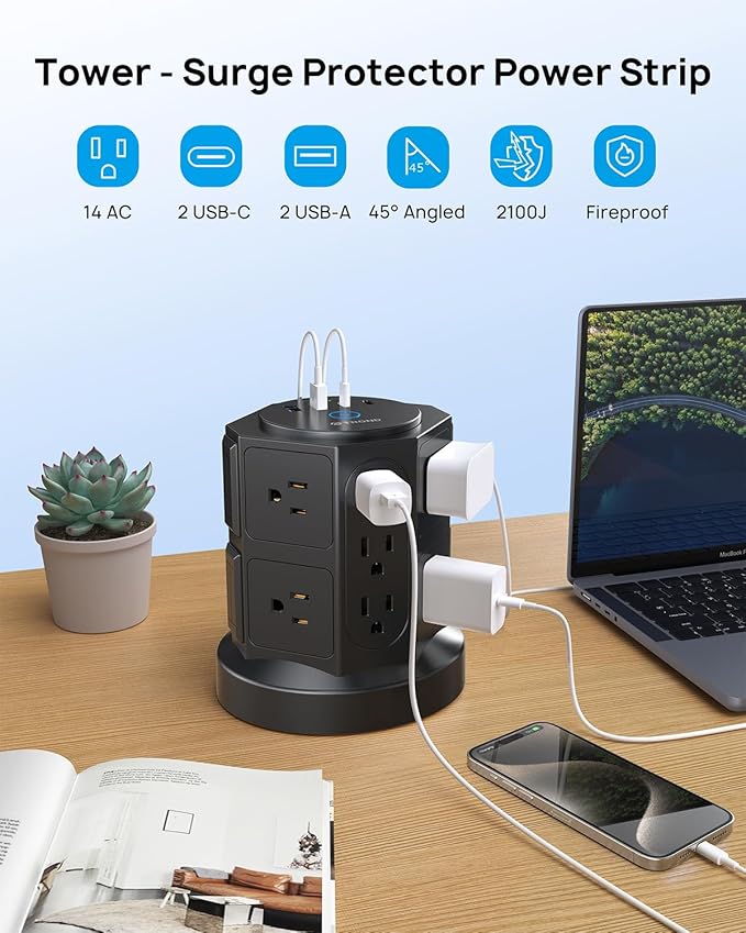TROND Tower Surge Protector Power Strip with USB, 14 Widely Spaced Outlets, 2 USB-C and 2 USB-A, 2100J Surge Protection, 6 Feet Extension Cord with Multiple Outlets Home, Office, Dorm Essentials Black