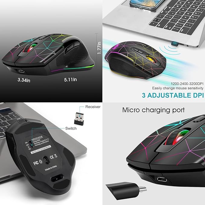 VEGCOO Wireless Gaming Mouse, Rechargeable Mice 3 Level DPI With Colorful Led Lights, Silent 7 Buttons Gaming Wireless Mouse With Side Buttons & Thumb Rest, Computer Gamer Mouse PC/Mac, Laptop/Desktop