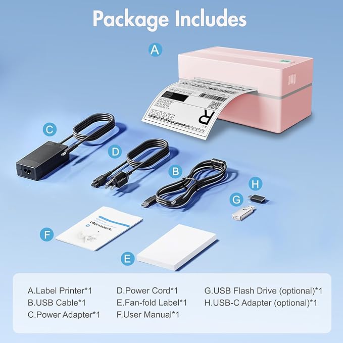 Bluetooth Thermal Shipping Label Printer: 4x6 Wireless Mini Clear Label Maker with Waterproof Tape for Small Business - Widely Used for USPS UPS Ebay Amazon Shopify Etsy, Pink