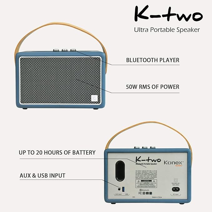 Vintage Bluetooth Speakers, KONEX 40W Leather Portable Wireless Speaker, Bluetooth 4.2 Heavy Bass Music Player, 20H Long Playtime, Mid Century Modern Decor for Home, Office, Party, Gift for Friend