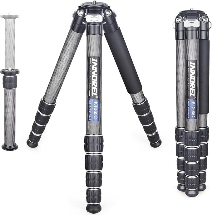 INNOREL KT365C Compact Carbon Fiber Camera Tripod 36mm Max Tube Professional 5 Sections Travel Tripod for Digital DSLR Video Camcorder Heavy Duty Camera Stand Load 66.1lb/30kg with Center Column