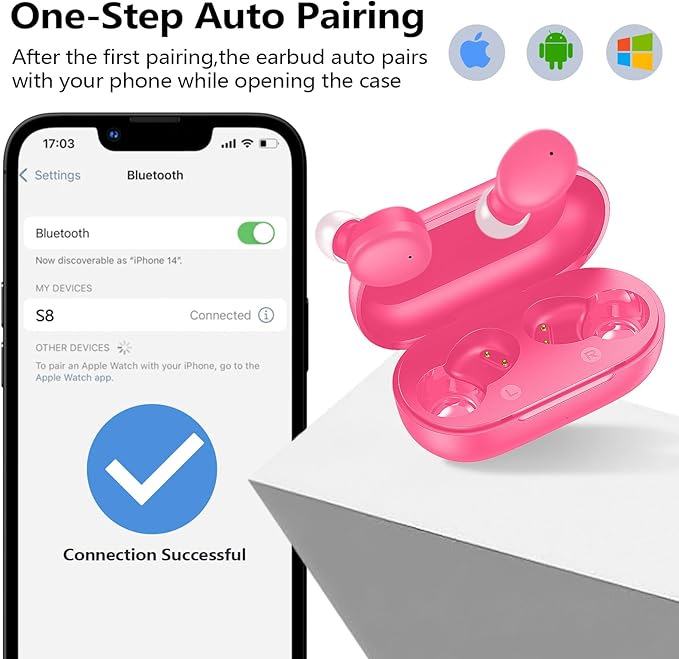 kurdene Wireless Earbuds Bluetooth 5.3 in Ear Buds Light-Weight Headphones,Deep Bass Sound,Built-in Mics Headset,Clear Calls Earphones for Sports Workout Hot Pink