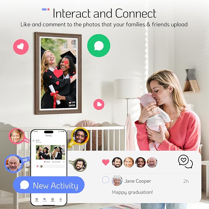 NexFoto Large Digital Picture Frame 24 Inch Touchscreen, FHD WiFi Electronic Photo Frame 64GB, Add Photos from Google Photos, Upload Videos via App/USB/Micro SD, Gifts for Housewarming/Mom, Walnut