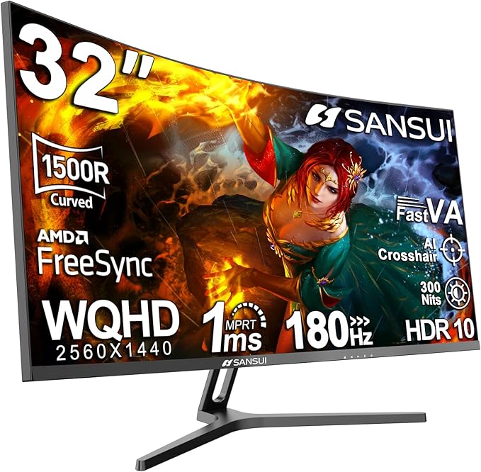 SANSUI 32-Inch Curved Gaming Monitor WQHD 2560 x 1440 180Hz Curved 1500R -Fast VA,1ms(OD), HDR, 300nits, sRGB 125%, DCI-P3 95%, FreeSync, HDMI x2, DP1.4x2(DP Cable Included)