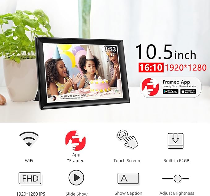 64GB FRAMEO 10.5 Inch Smart WiFi Digital Photo Frame 1920x1280 FHD IPS LCD Touch Screen, Auto-Rotate, 64GB Storage, Support SD Card & USB Drive, Share Moments Instantly via Frameo App from Anywhere