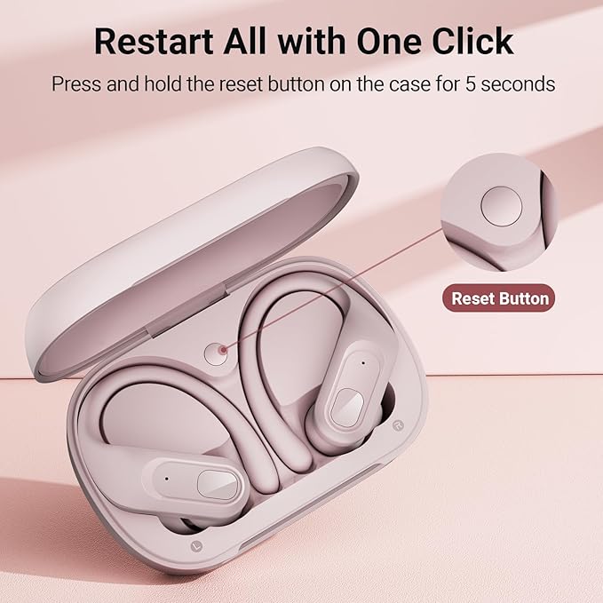 occiam Wireless Earbuds Bluetooth Headphones Ear Buds 96Hrs Playback Sport Over-Ear Waterproof Wireless Headphones Earphones with Earhooks ENC Mics Clear Call for Sport Running Workout Pink