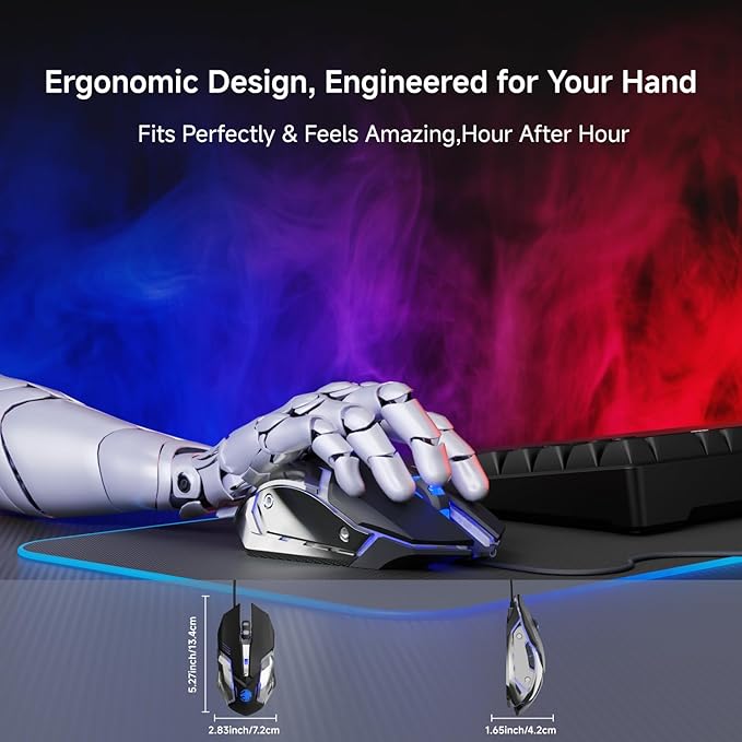 EWEADN G3 Wired Gaming Mouse, 2400 DPI Wired Optical Mouse with 6 Programmable Macro Buttons, Metal Base, 4-Color Breathing Light for PC/Laptop/Windows-Black