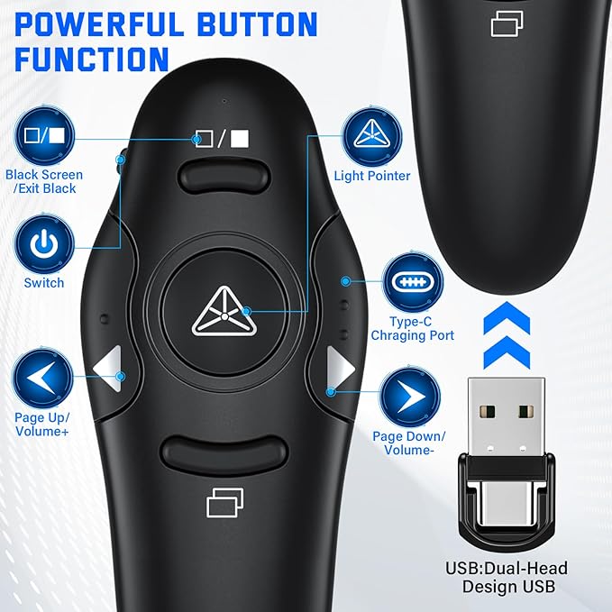 Presentation Clicker, Rechargeable Pointer, 2-in-1 USB Type C Powerpoint Clicker, Clicker for Powerpoint Presentations Slide Advancer, Presentation Clicker Wireless Presenter Remote Clicker