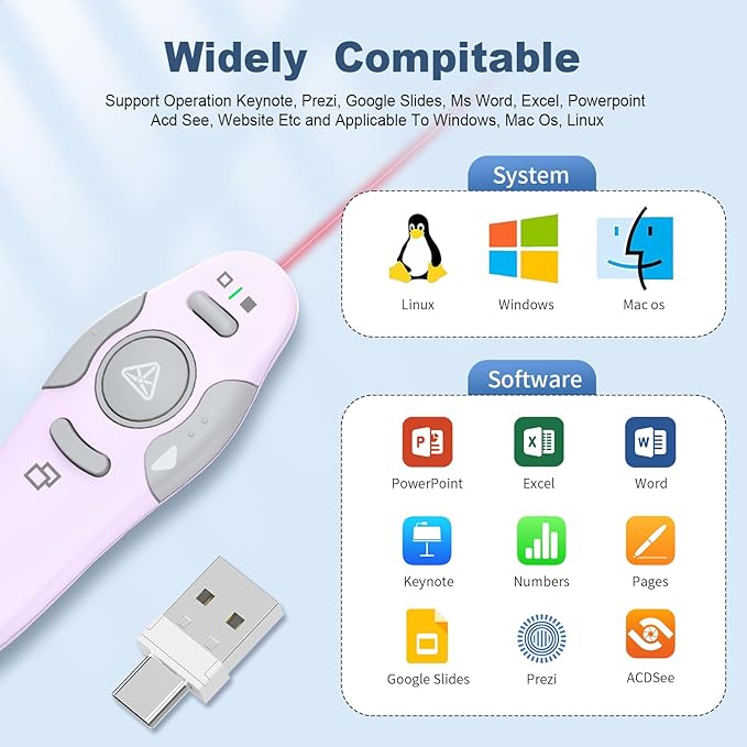 QUI Presentation Clicker Wireless Presenter Remote Clicker for PowerPoint Presentation Remote, PowerPoint Slide Advancer for Mac/Windows/Linux, Google Slide/PPT/Keynote, Type-c Purple