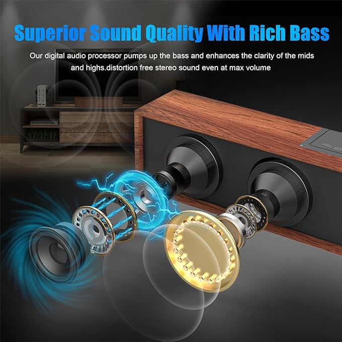 Computer Speakers, Wood Wireless Sound Bar Speaker for Desktop, PC Speaker with Bluetooth 5.3 & Wired USB Connection for Monitor, Laptop, Tablets, Cellphone