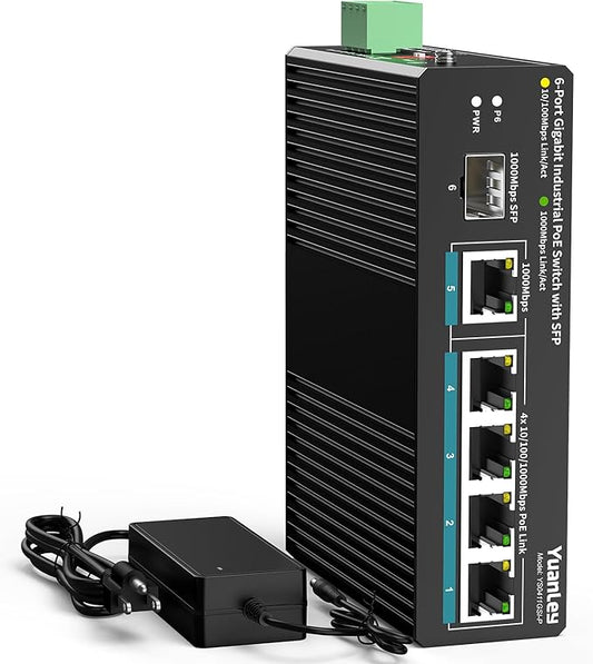 YuanLey 6 Port Industrial Switch with 4 Port PoE Gigabit, 1 1000Mbps Uplink, 1 SFP Port, Unmanaged Din-Rail PoE Switch with 66.25W Power Adapter, Support IEEE802.3af/at, VLAN & Loop