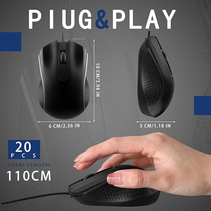 20 Pcs Wired USB Computer Mouse Bulk 3-Button Corded Wired Mouse for Laptop Desktop Computer Mice for PC Office School Home Supplies, Black