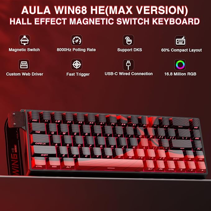 AULA WIN68 HE MAX - Hall Effect Gaming Keyboard with Magnetic Switch, Adjustable Actuation Fast Trigger Mode, 8KHz Polling Rate, RGB Backlit Wired Mechanical Gaming Keyboard 60 Percent Compact Design
