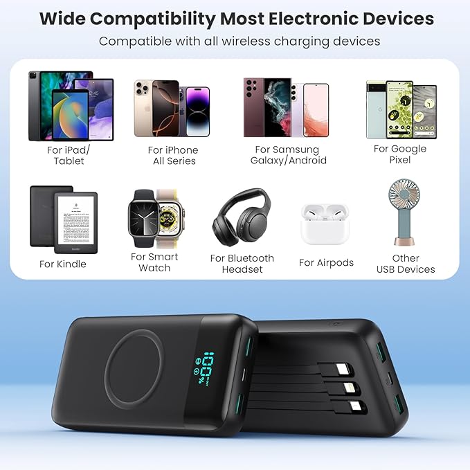 Wireless Portable Charger 40,800mAh with 3 Built-in Cables,15W Wireless Charging 25W PD QC4.0 Fast Charging USB-C Power Bank,7 Outputs LCD Display Battery Pack for iPhone 16/15/14/13/12,Android etc