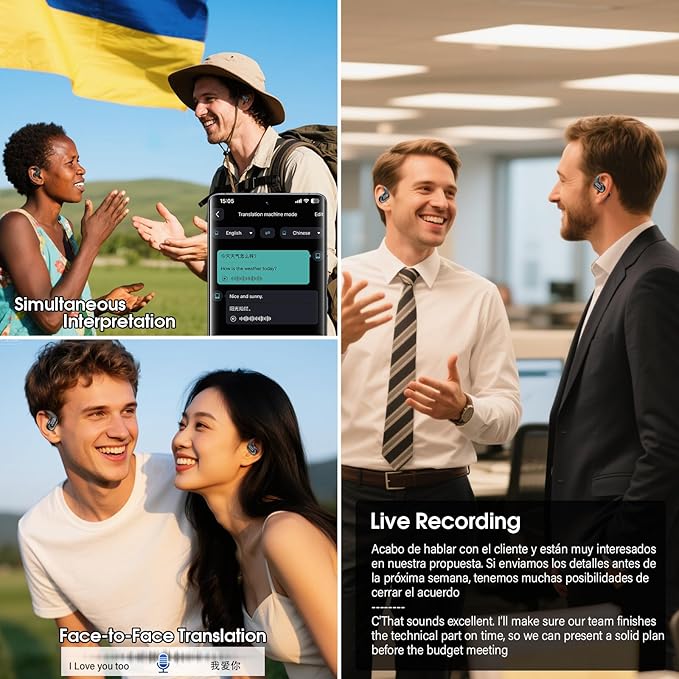 AI Translation Earbuds Real Time with Audio and Video Calls, 164 Language/7 Translation Modes Translator Earbuds Bluetooth 5.4 with APP, 50H Translate Ear Buds Device for Business/Learning/Travel