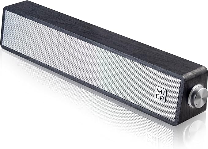 MICA Computer Speakers, Wired Computer Sound Bar, Wooden Mini Soundbar, USB Powered PC Speakers for Desktop Monitor, Laptop, Tablet, 3.5mm Aux Connection, Angled (Gray)