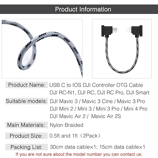1FT+0.5FT(2 pack) USB C to IOS Remote Controller Cable for DJI Mavic 3, Mini 4 Pro, Mini 2/3 Pro, Air 2S, Mavic Air 2, RC-N1, DJI Drone to Phone 14/13/ Tablet Cable 90 Degree OTG Data Cord Accessories