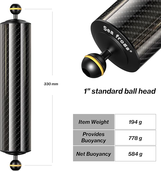 Sea frogs Carbon Fiber Float Arm D60mm, 12'', for Ultralight, Aquatic Arm, Buoyancy Provided 580g, Underwater Camera System Diving Tray Video Light/Strobe GA-8