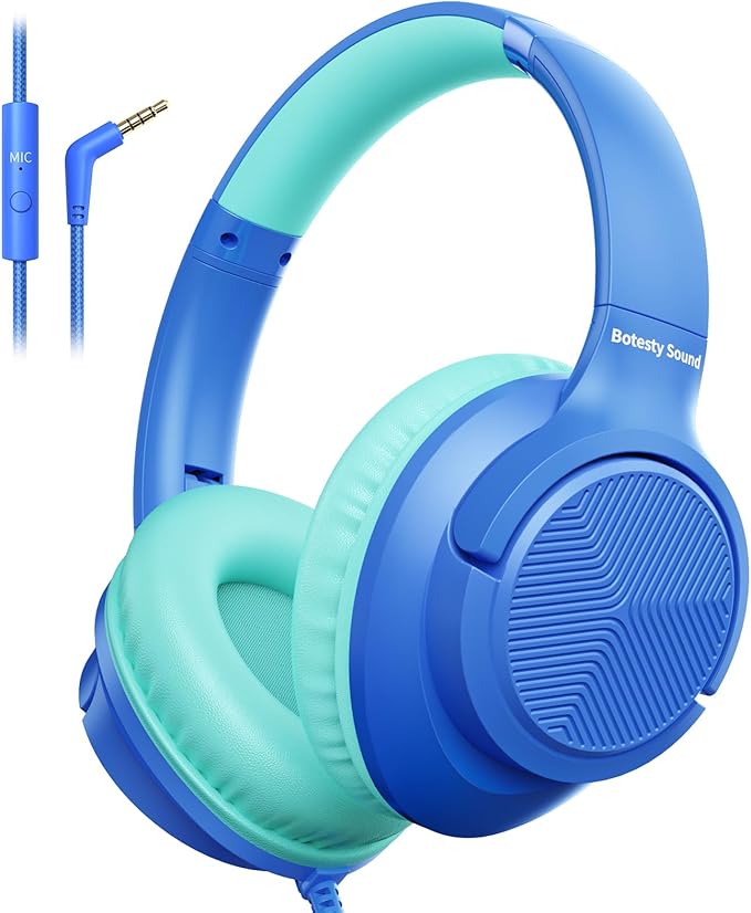 Wired Headphones with Microphone, Over Ear 3.5mm Plug in Headphones with 4.9ft Tangle-Free Nylon Cord for Tablet, Laptop, MP3/4, School, Airplane Travel (Blue)