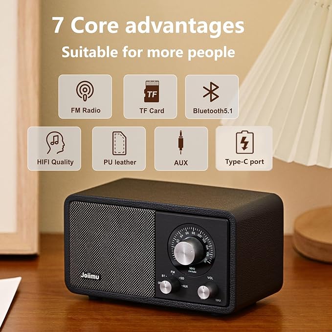 Portable FM Radio Bluetooth Speaker, 2600mAh Rechargeable, Built-in FM Antenna, SD Card Support, for Kitchen, Living Room, with Rotary Knob