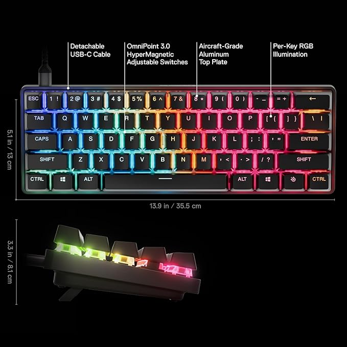 SteelSeries Apex Pro Mini Gen 3 OmniPoint 3.0 HyperMagnetic Switches — Adjustable Actuation — Rapid Trigger — Game-Ready Presets — Protection Mode — Rapid Tap/SOCD — RGB — PBT Keycaps — USB-C