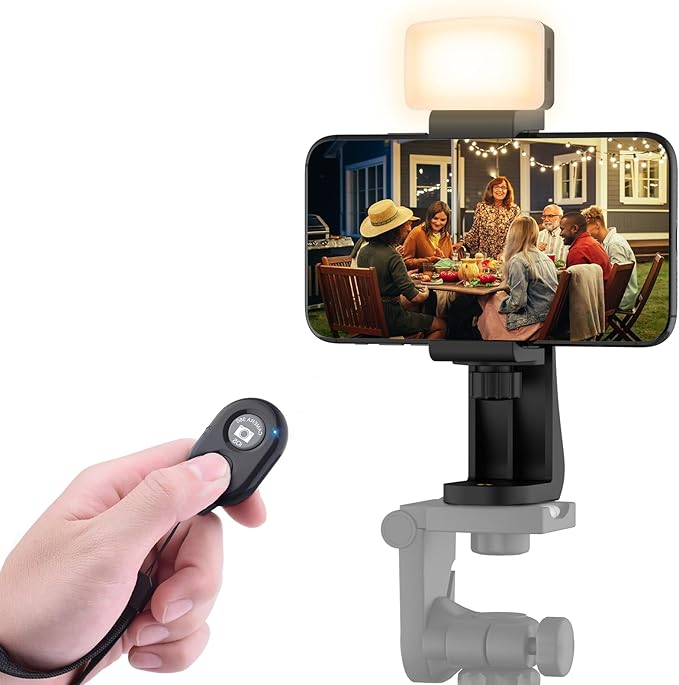 Universal Phone Tripod Mount Adapter with Ｗireless Camera Remote and LED Light, Cell Phone Holder with Adjustable Clamp for Selfie Stick Monopod for iPhone, Samsung Wrist Strap Included