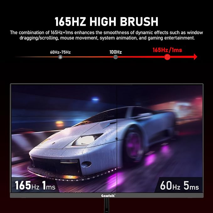27 inch 2K QHD(2560×1440) PC Screen, 165Hz Gaming Monitor, 1ms Without Bezel, FreeSync,98% sRGB, 178° Wide Viewing Angle,Display 1.4、Port HDMI2.0, Wall Mount Compatible 75 * 75MM- Black