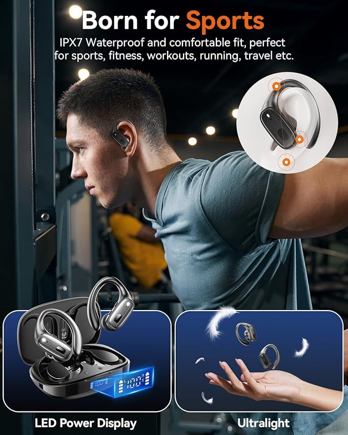 Wireless Earbuds, Sports Bluetooth 5.4 Headphones, Ear Buds with ENC Noise Canceling Mic, 80Hr Playtime Earphones, Palm-Sized, LED Power Display, IPX7 Waterproof Headset for Workout Running, Black