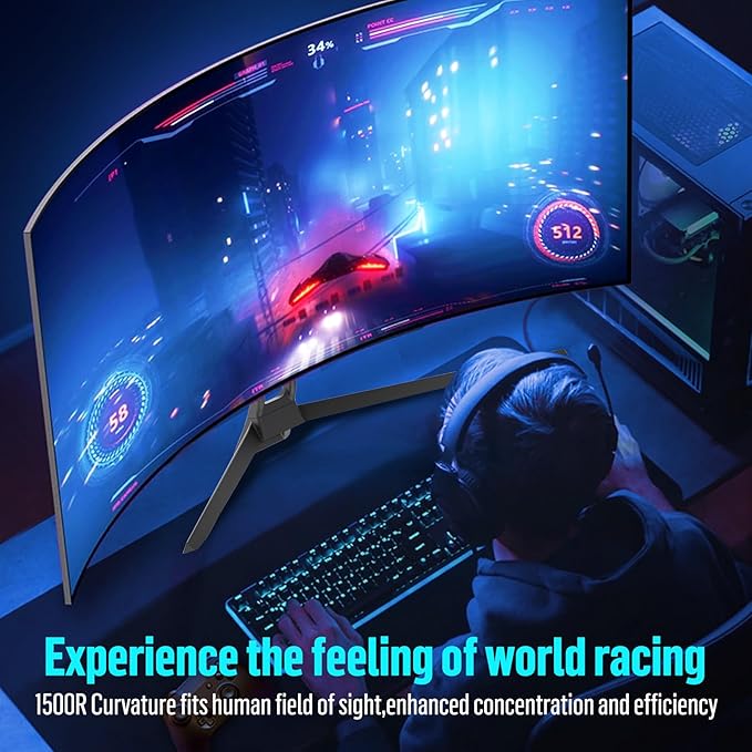 34 Inch Ultrawide Curved Gaming Monitor, 1500R PC Screen 165hz UWQHD 4K, Curved Computer Screen with FreeSync, Support Wallmount 75x75mm-Black