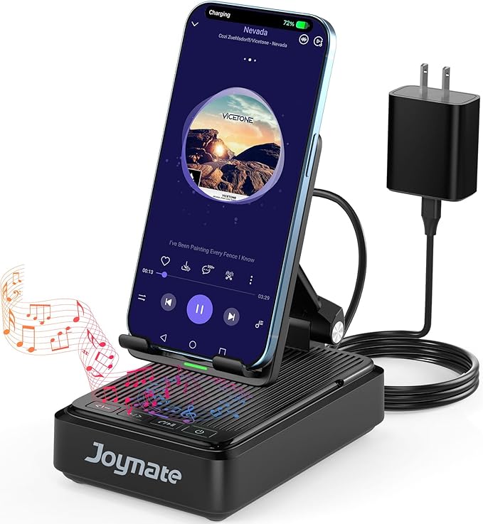 Gifts for Men and Women, Wireless Phone Charger Stand with Bluetooth Speaker and Adjustable Angle Phone Holder for Desk Tech Gift for Birthday/Anniversary (Black)