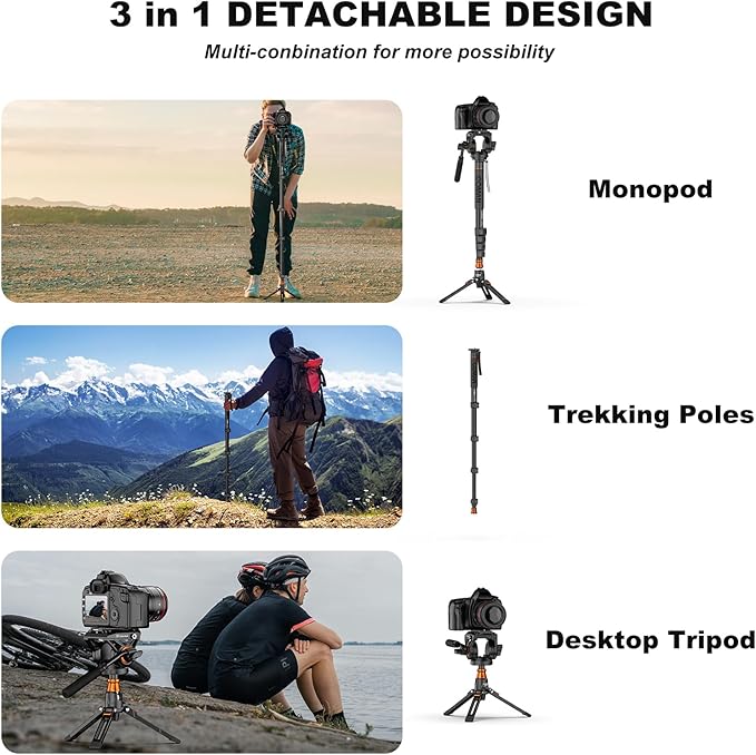 Professional Camera Monopod with Feet, 73.2 inch Aluminum Portable Travel Video Monopod with Removable Tripod Stand Base, Max Load 22 Lbs, New Q6 Fluid Head for DJI RS4 Manfrotto