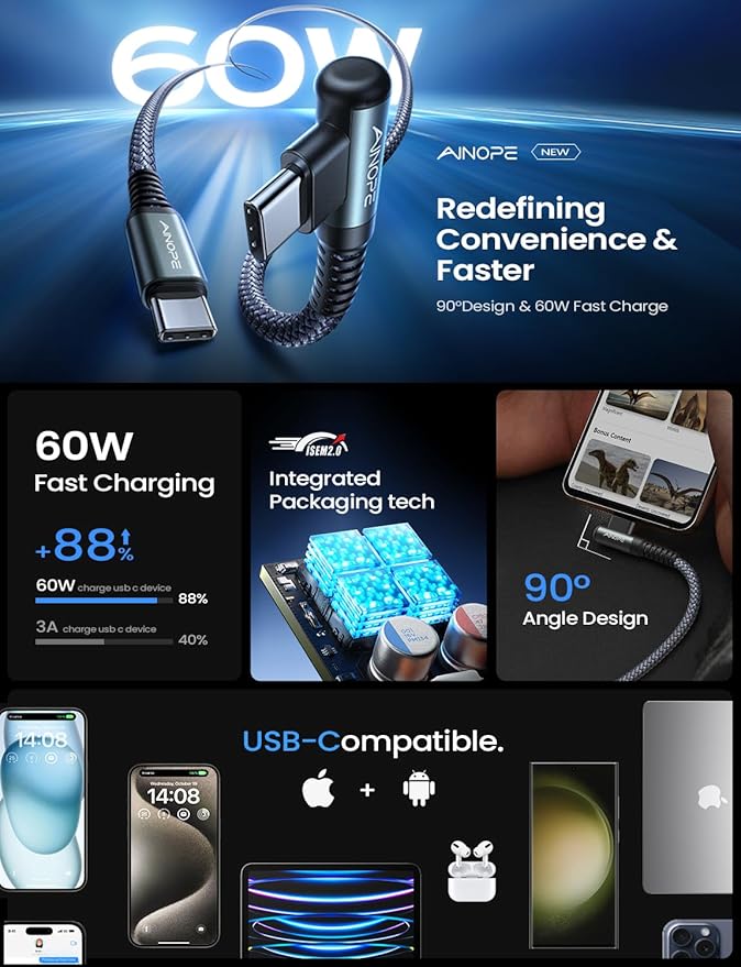 AINOPE Right Angle USB C to USB C Cable 17 3.3FT 60W 2 Pack USBC to USBC for iPhone 16 Pro Max Car Charger Cord Fast Charging Compatible with iPhone 16 15 Samsung A17 iPad Pro Android Phone Accesories