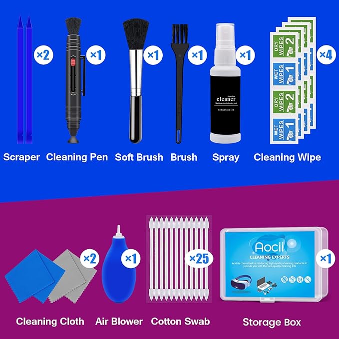 VR Headset Cleaning Kit for Meta Oculus Quest 2 3, Xbox, PS, Wii - Lens Cleaner, Pen Cleaner for Facial Interface, Face Cover Pad, Game Controller - AR VR Accessories
